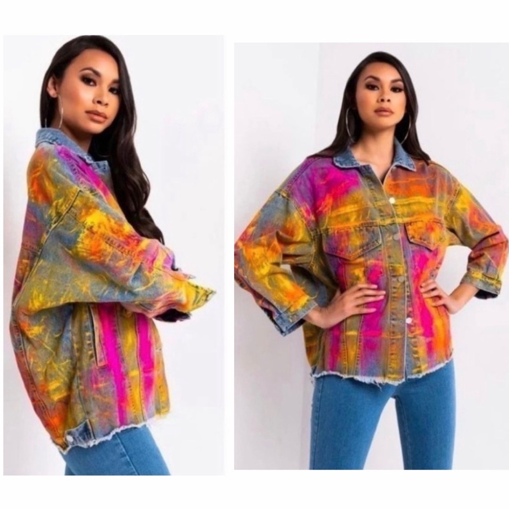 Beulah Splattered Paint Pollock Painted Oversized Distressed Denim Jean Jacket - Picture 4 of 16